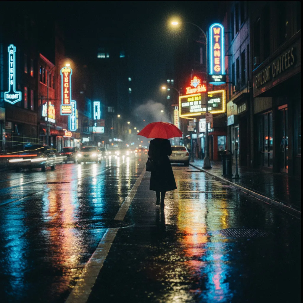 A rain-soaked street at night, neon signs doubled in the puddles, a lone figure with a red umbrella, shot on 35mm film