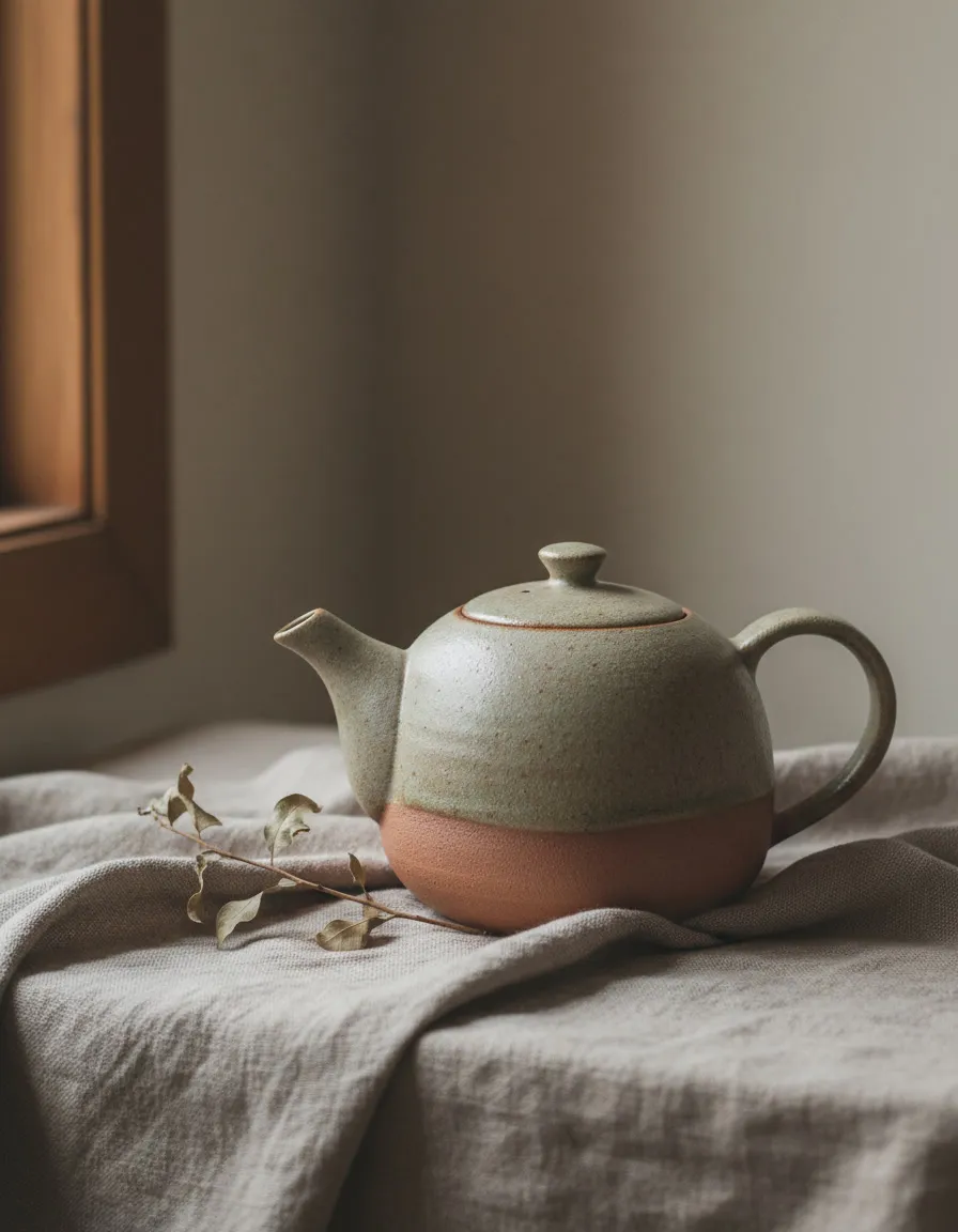 A ceramic teapot on linen in soft window light, still life, muted earth tones, quiet and tactile