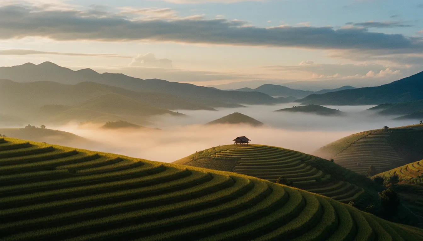 Golden hour over terraced rice fields with mist in the valleys and one small farmhouse, medium-format film