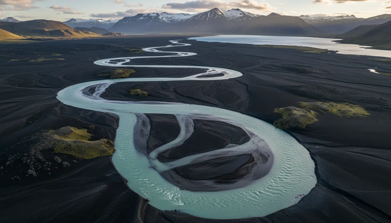 Aerial view of a turquoise river cutting through black volcanic sand, drone photograph